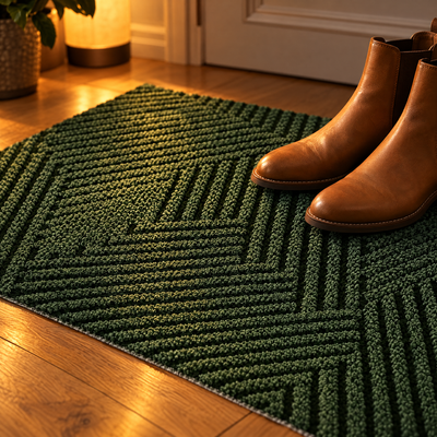 Close up of the Terra door mat texture with leather boots