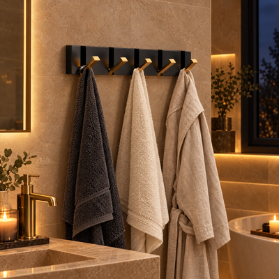 Vela wall hook holding towels in a stone bathroom