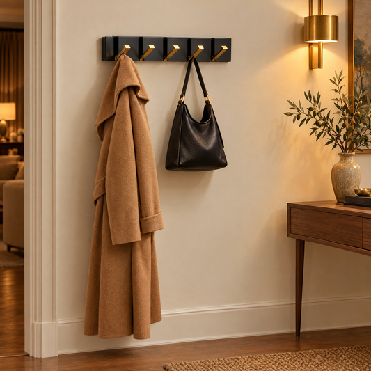 Vela gold wall hook holding a coat and handbag in an entrance hall