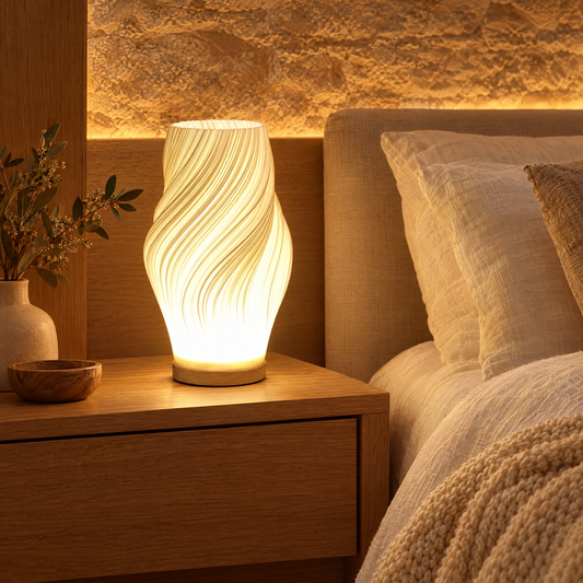 Onda lamp glowing on a bedside table