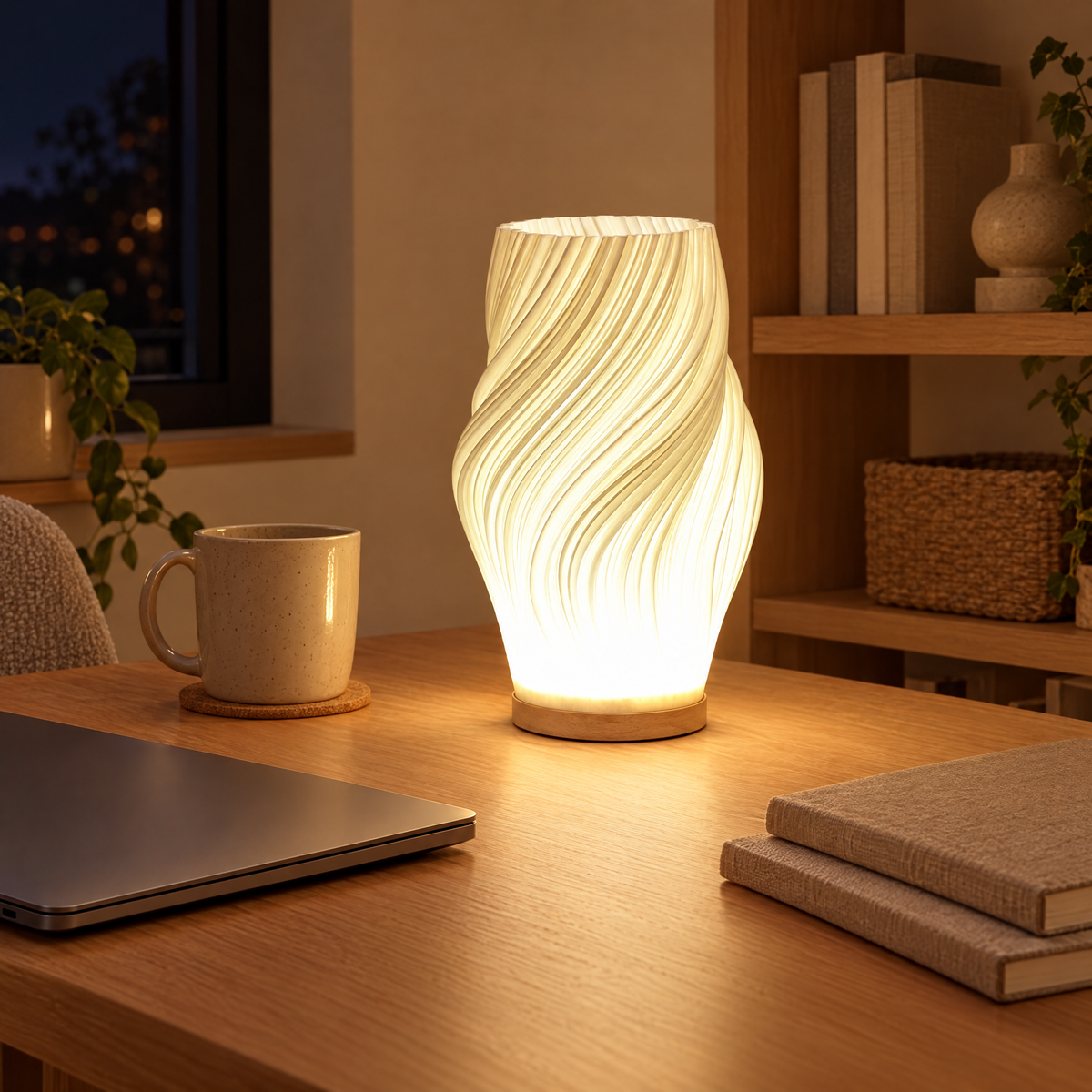 Onda Dimmable Wood Base Table Lamp USB Wave LED Bedside Light for Bedroom and Desk
