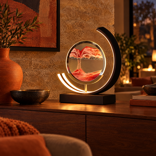 Duna sand lamp glowing on a walnut sideboard