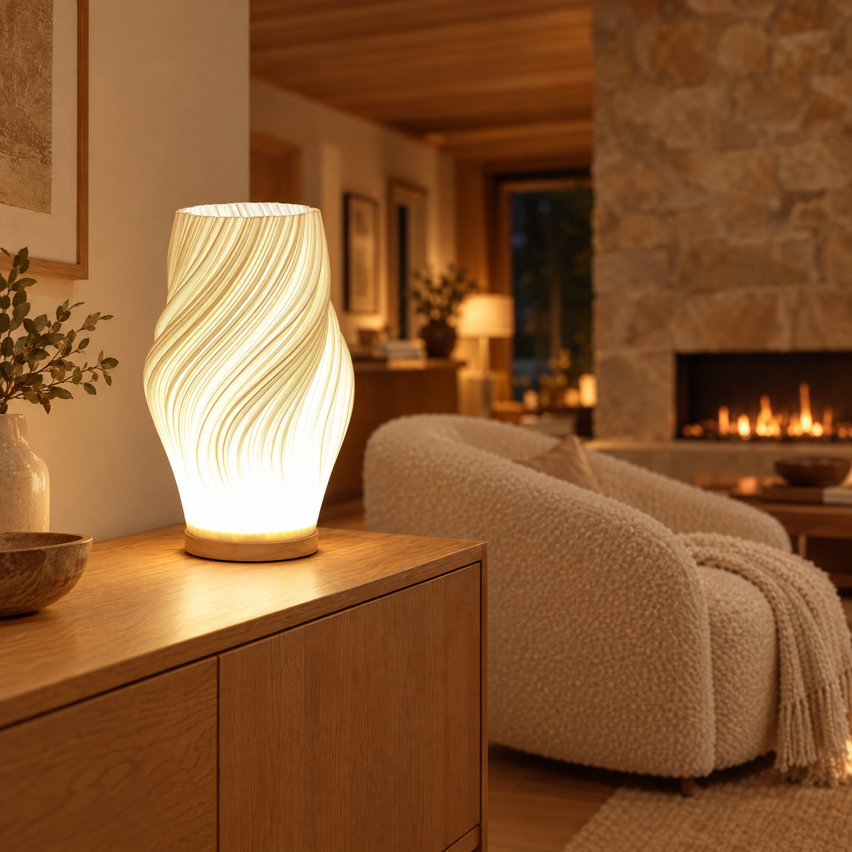 Onda Dimmable Wood Base Table Lamp USB Wave LED Bedside Light for Bedroom and Desk