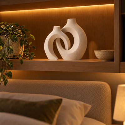 Nord vase on a lit oak shelf