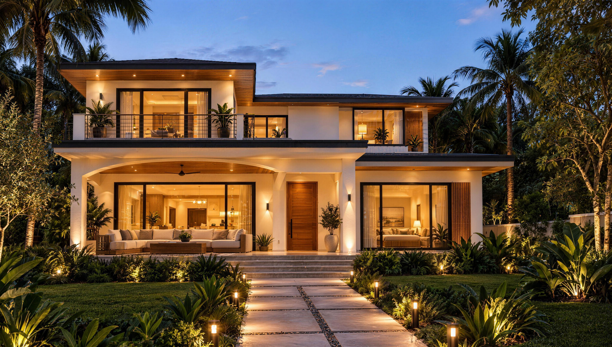 Modern white home glowing at dusk