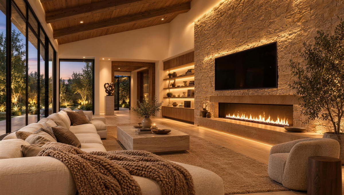 Modern living room with warm stone wall and fireplace