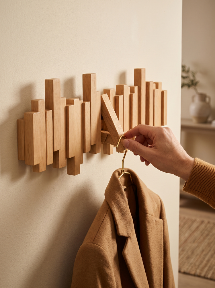 Hanging a coat on the Melodia piano key coat rack