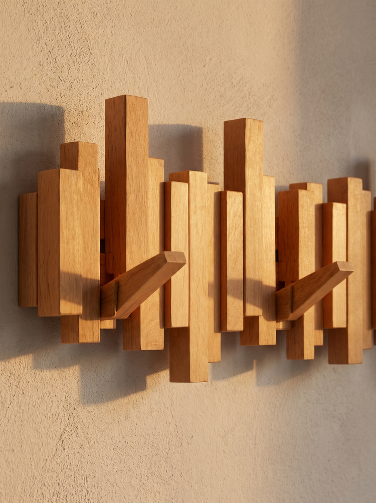 Close up of the Melodia beech wood coat rack