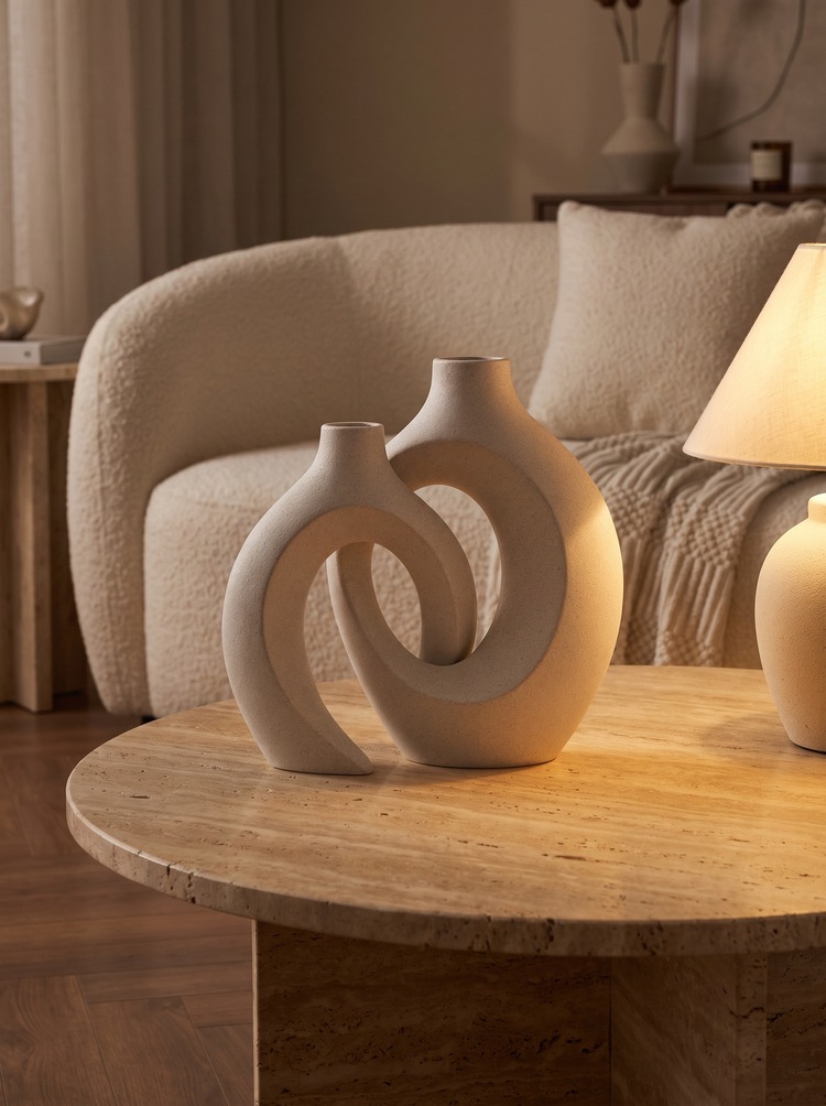 Nord interlocking ceramic vases on a coffee table