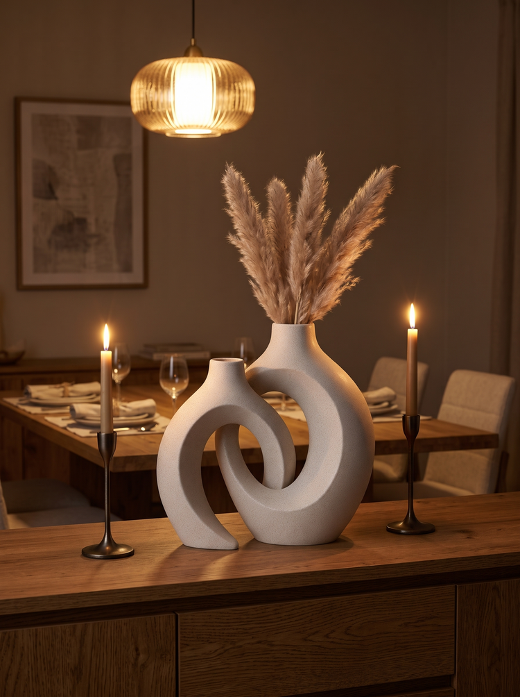 Nord vase set with pampas on a sideboard