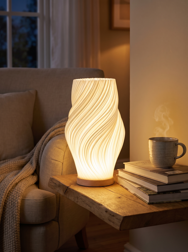Onda lamp on a side table beside an armchair