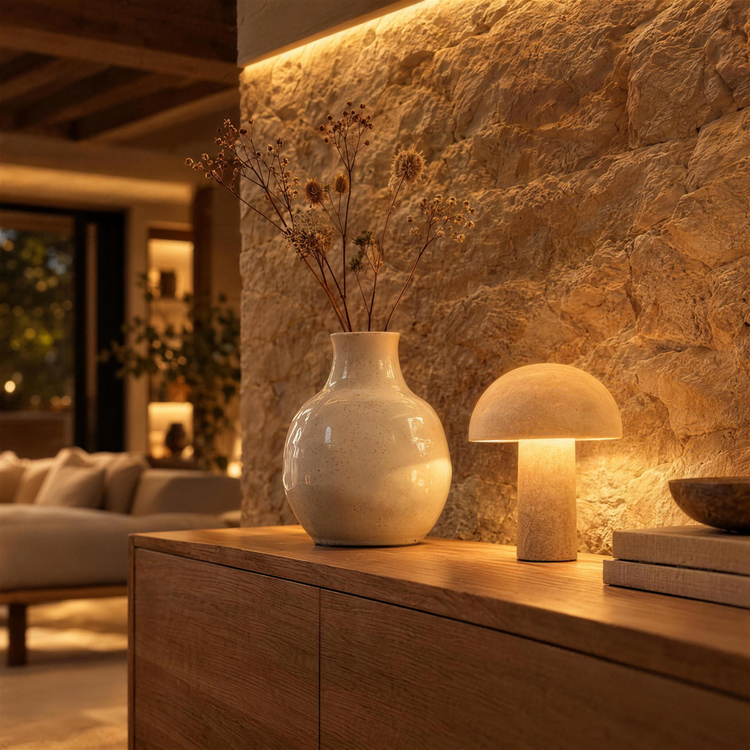 Ceramic vase and table lamp on an oak console