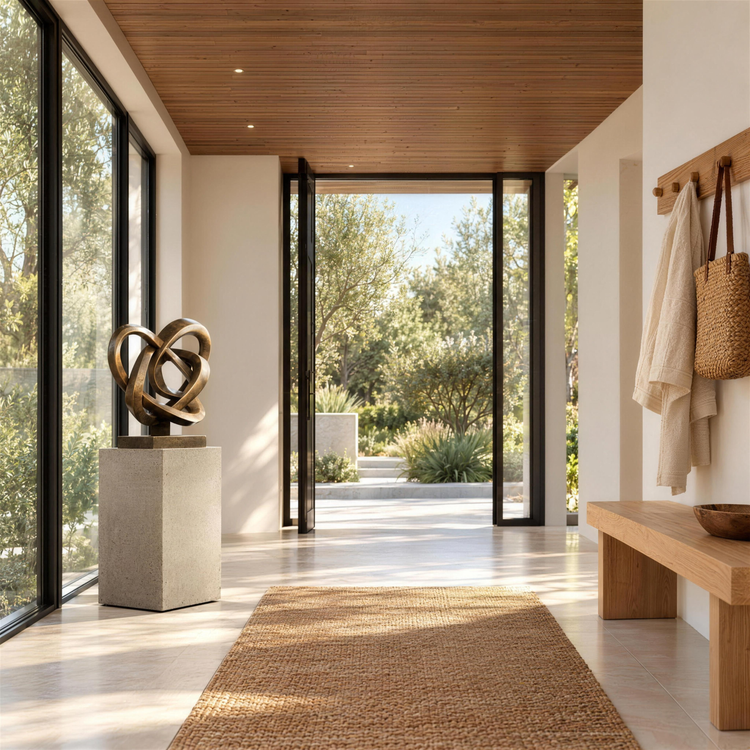 Bright modern entrance hall with oak bench