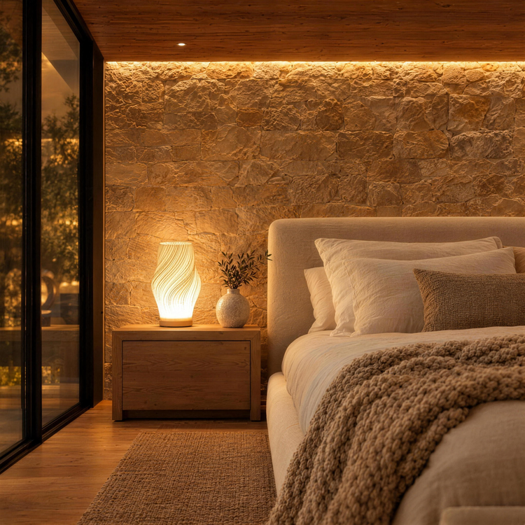 Cosy modern bedroom with the Onda dimmable table lamp