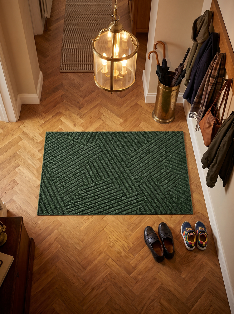 Terra door mat on a parquet hallway floor