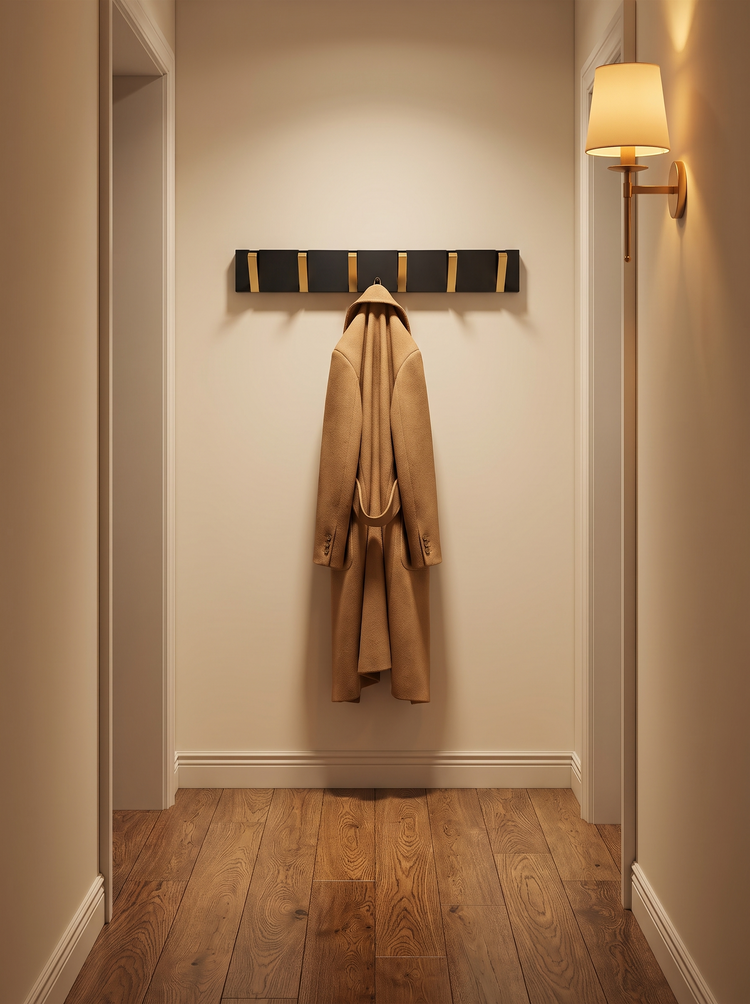 Vela gold wall hook rail in a warm hallway