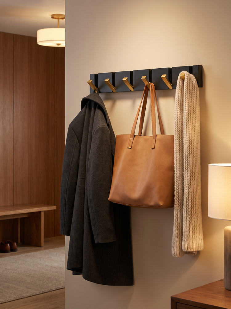 Vela rail holding a coat, bag and scarf